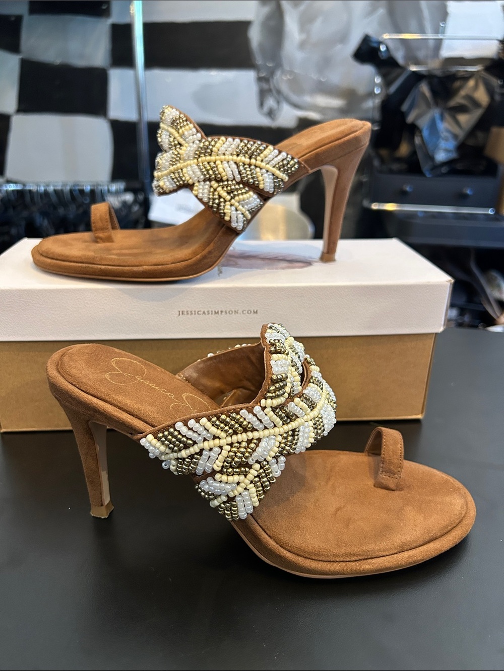 Jessica Simpson Brown Braided Beaded Toe-Loop Sandals - Picture 3 of 5
